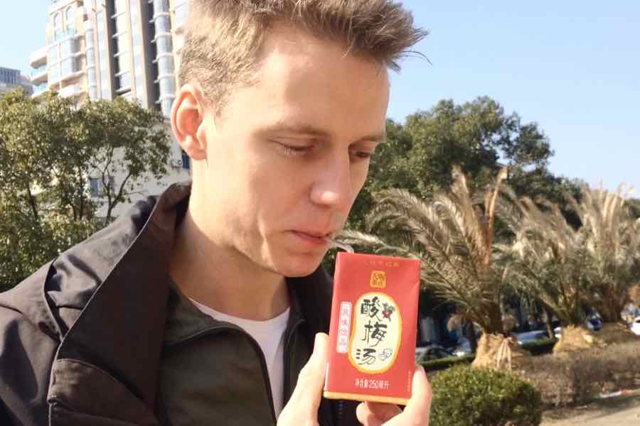 Samu drinking some strange fruit juice